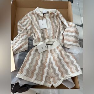 High Waist Wave Pattern Shorts - Cream and Brown